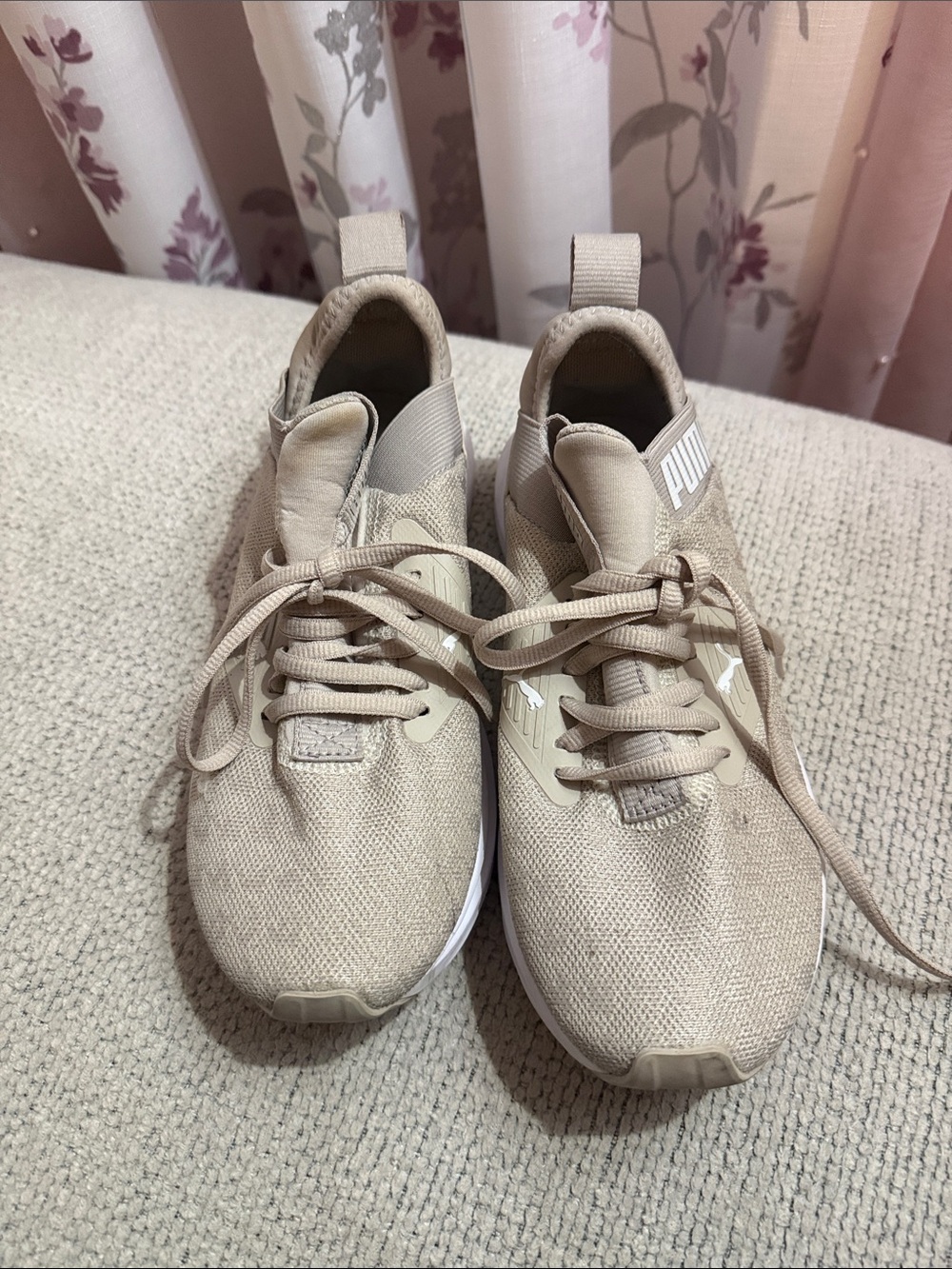 Puma Beige Lace-Up Knit Sneakers